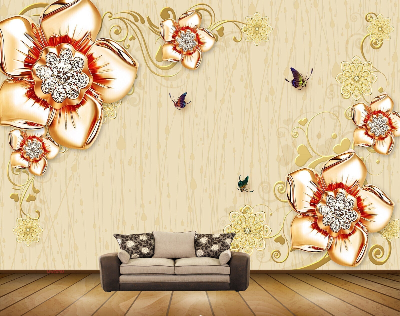 Avikalp MWZ0753 Red Gold Flowers Butterflies 3D HD Wallpaper Avikalp MWZ0753 Red Gold Flowers Butterflies 3D HD Wallpaper