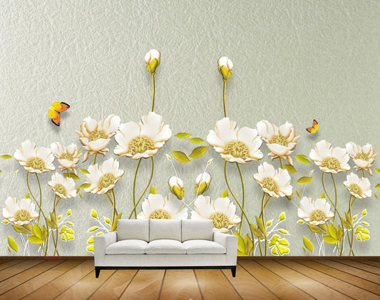 Avikalp MWZ0755 White Flowes Leaves Butterflies HD Wallpaper