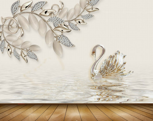 Avikalp MWZ0757 White Leaves Cranes 3D HD Wallpaper