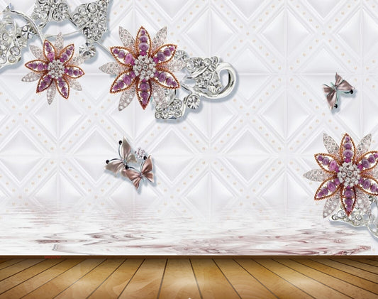 Avikalp MWZ0767 White Purple Flowers Butterflies 3D HD Wallpaper