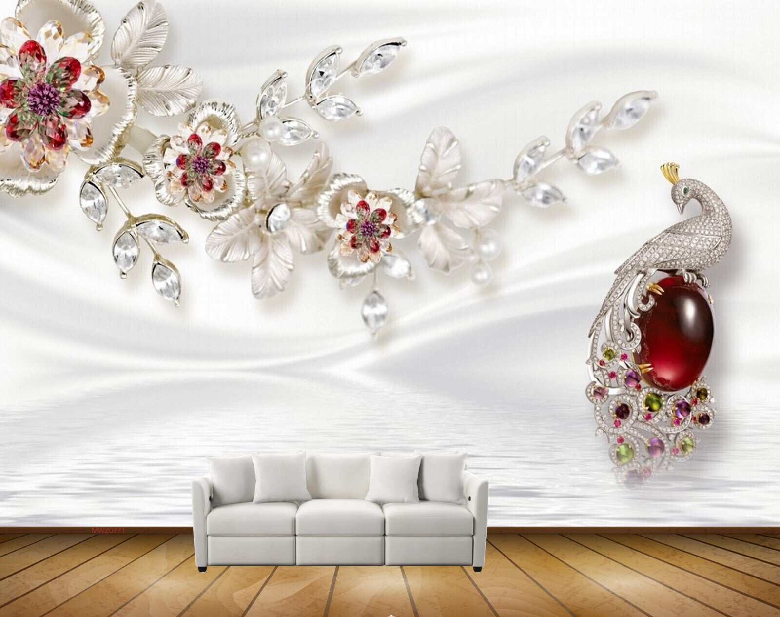 Avikalp MWZ0771 Peacock White Red Flowers Leaves 3D HD Wallpaper Avikalp MWZ0771 Peacock White Red Flowers Leaves 3D HD Wallpaper