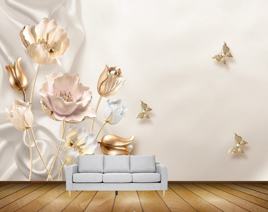 Avikalp MWZ0774 Golden Flowers Butterflies HD Wallpaper