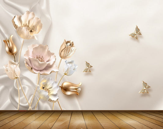 Avikalp MWZ0774 Golden Flowers Butterflies 3D HD Wallpaper