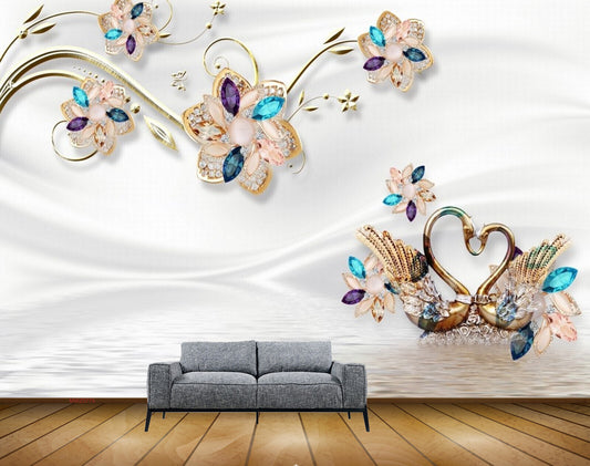 Avikalp MWZ0775 Cream Flowers Cranes HD Wallpaper