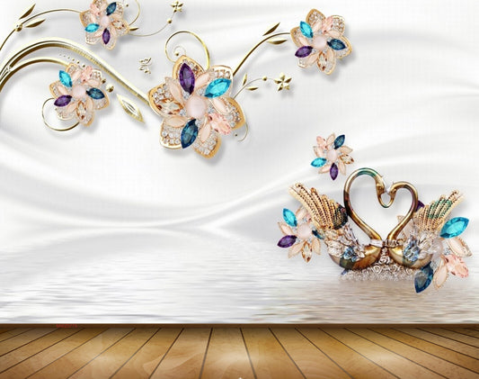 Avikalp MWZ0775 Cream Flowers Cranes 3D HD Wallpaper