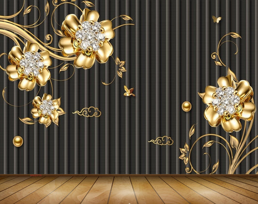 Avikalp MWZ0776 Golden Flowers Birds Butterflies 3D HD Wallpaper