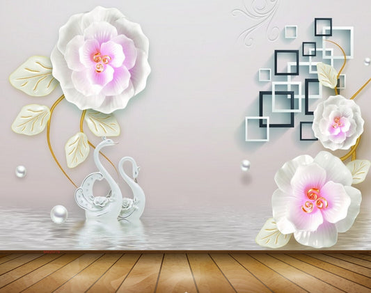 Avikalp MWZ0779 Pink White Flowers Swans 3D HD Wallpaper