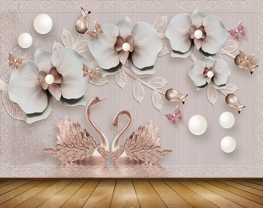 Avikalp MWZ0785 White Flowers Cranes 3D HD Wallpaper