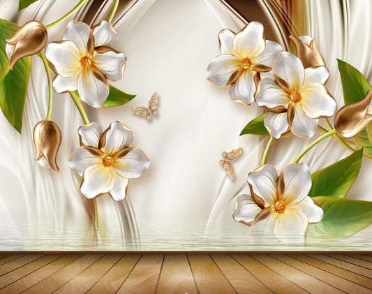 Avikalp MWZ0788 White Golden Flowers Leaves Butterflies 3D HD Wallpaper