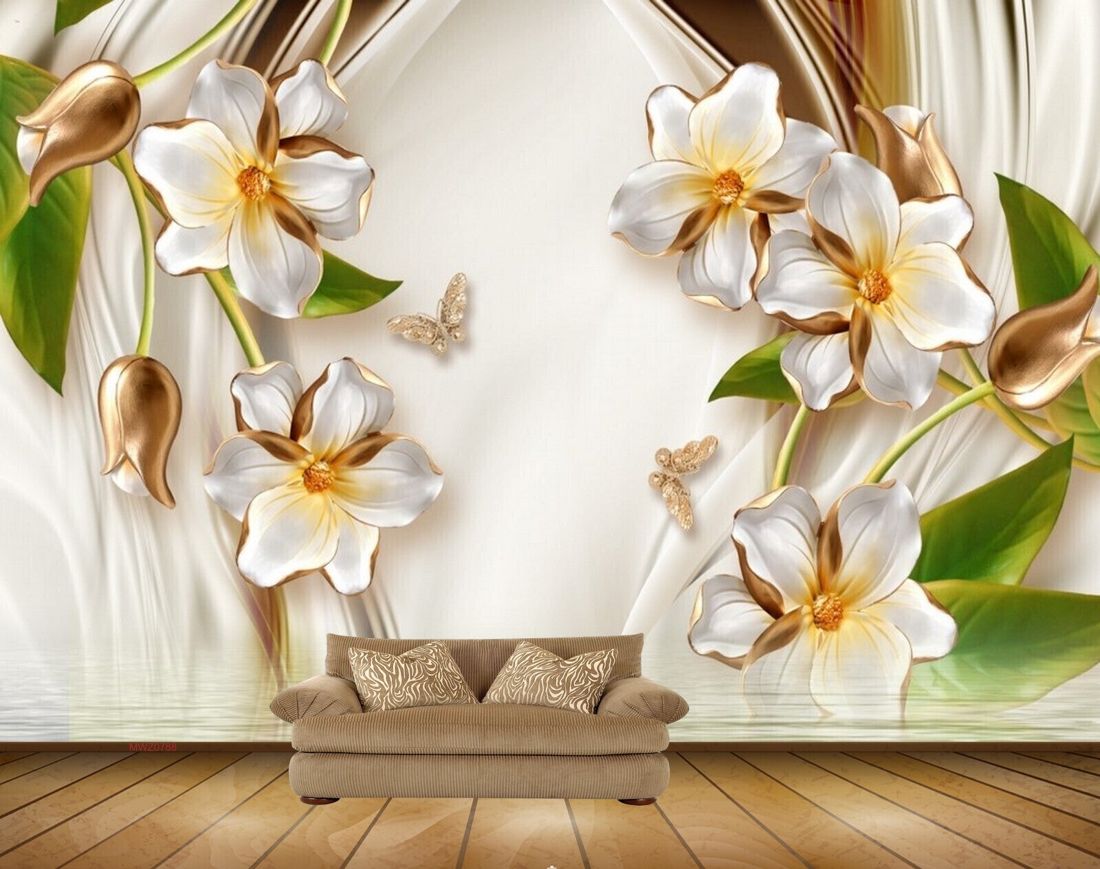 Avikalp MWZ0788 White Golden Flowers Leaves Butterflies 3D HD Wallpaper Avikalp MWZ0788 White Golden Flowers Leaves Butterflies 3D HD Wallpaper