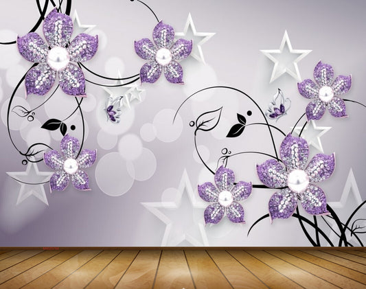 Avikalp MWZ0794 Violet Flowers Butterflies 3D HD Wallpaper