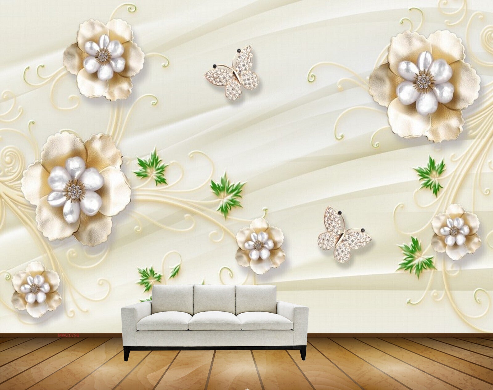 Avikalp MWZ0796 White Gold Flowers Butterflies Leaves 3D HD Wallpaper Avikalp MWZ0796 White Gold Flowers Butterflies Leaves 3D HD Wallpaper