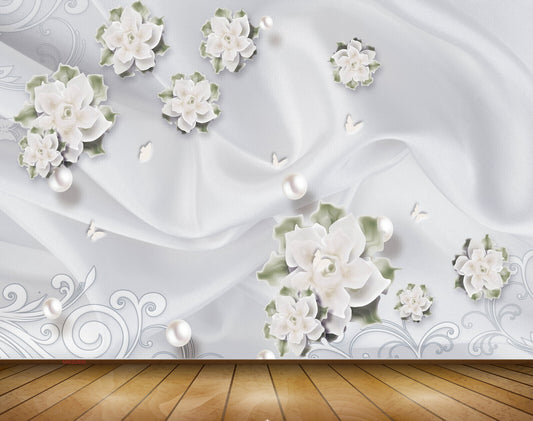 Avikalp MWZ0800 White Flowers Leaves Butterflies 3D HD Wallpaper