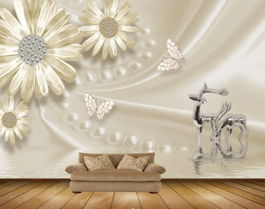 Avikalp MWZ0803 Golden Flowers Butterfies Deers HD Wallpaper