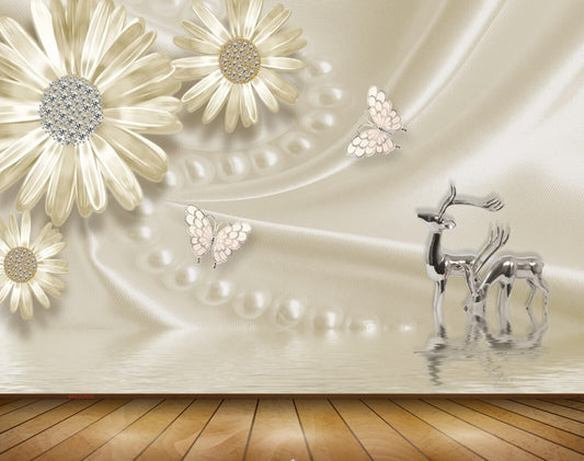 Avikalp MWZ0803 Golden Flowers Butterfies Deers 3D HD Wallpaper