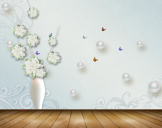 Avikalp MWZ0805 White Flowers Butterflies 3D HD Wallpaper