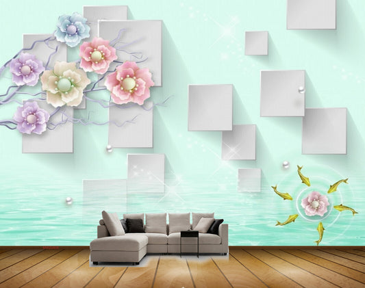 Avikalp MWZ0808 Pink Purple Blue Flowers Fishes HD Wallpaper