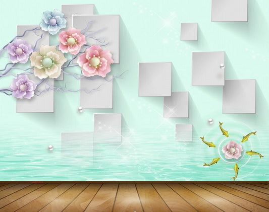 Avikalp MWZ0808 Pink Purple Blue Flowers Fishes 3D HD Wallpaper