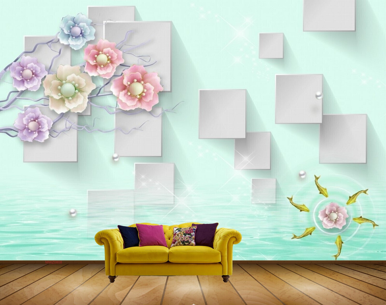 Avikalp MWZ0808 Pink Purple Blue Flowers Fishes 3D HD Wallpaper Avikalp MWZ0808 Pink Purple Blue Flowers Fishes 3D HD Wallpaper