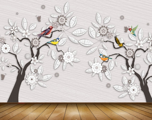 Avikalp MWZ0809 White Black Flowers Trees Flowers Birds 3D HD Wallpaper