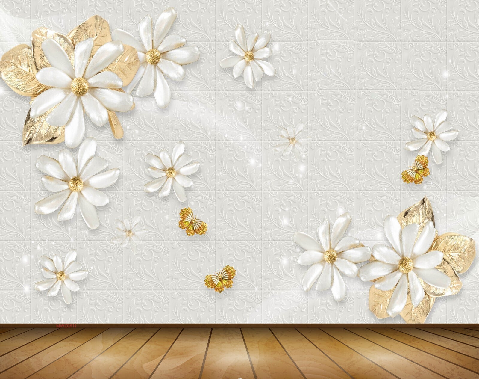Avikalp MWZ0811 White Golden Flowers Butterflies 3D HD Wallpaper Avikalp MWZ0811 White Golden Flowers Butterflies 3D HD Wallpaper