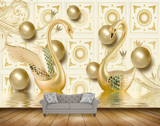 Avikalp MWZ0815 Golden Cranes Plants Flowers HD Wallpaper