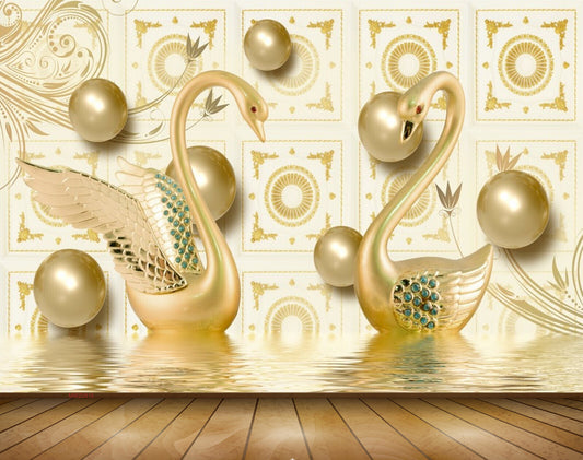 Avikalp MWZ0815 Golden Cranes Plants Flowers 3D HD Wallpaper