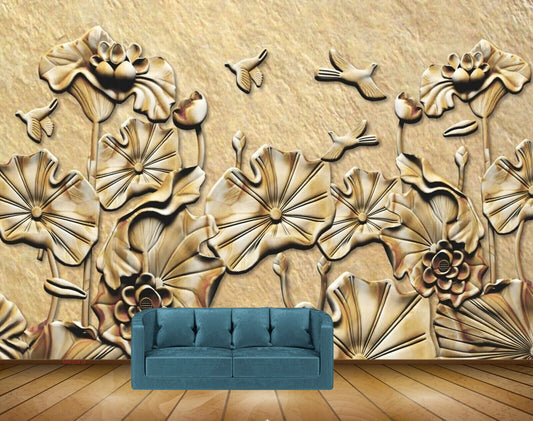 Avikalp MWZ0818  Golden Flowers Leaves Birds HD Wallpaper