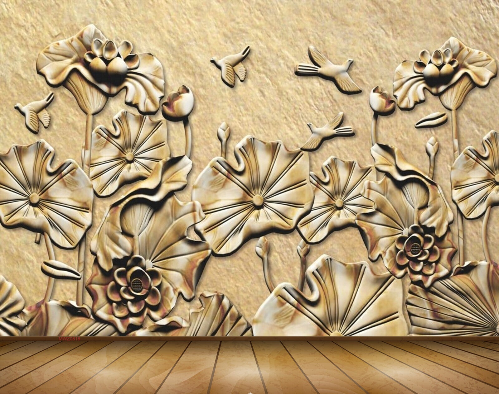 Avikalp MWZ0818  Golden Flowers Leaves Birds 3D HD Wallpaper Avikalp MWZ0818  Golden Flowers Leaves Birds 3D HD Wallpaper