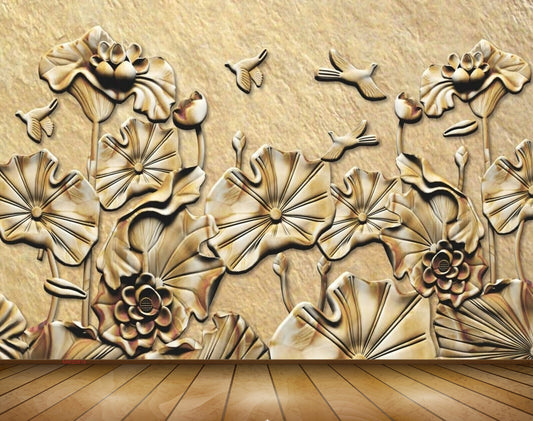 Avikalp MWZ0818  Golden Flowers Leaves Birds 3D HD Wallpaper