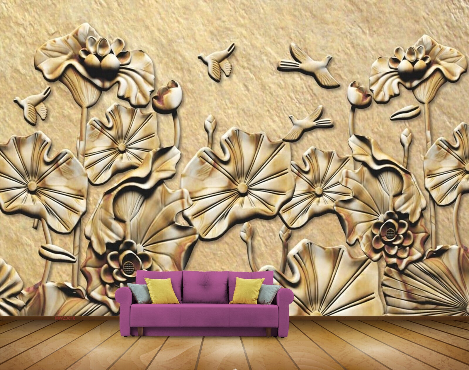 Avikalp MWZ0818  Golden Flowers Leaves Birds 3D HD Wallpaper Avikalp MWZ0818  Golden Flowers Leaves Birds 3D HD Wallpaper