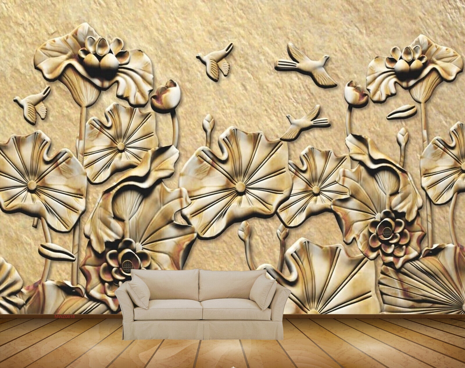 Avikalp MWZ0818  Golden Flowers Leaves Birds 3D HD Wallpaper Avikalp MWZ0818  Golden Flowers Leaves Birds 3D HD Wallpaper