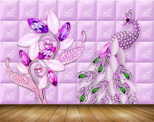 Avikalp MWZ0819 Pink Peacock Flowers Leaves 3D HD Wallpaper