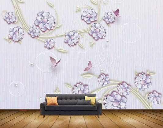 Avikalp MWZ0820 Purple Flowers Butterflies Leaves HD Wallpaper