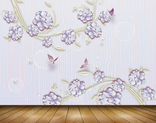 Avikalp MWZ0820 Purple Flowers Butterflies Leaves 3D HD Wallpaper