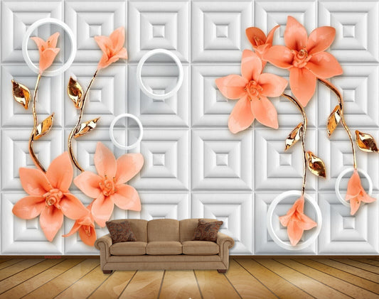 Avikalp MWZ0826 Peach Flowers Leaves HD Wallpaper