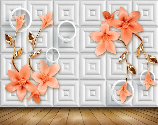 Avikalp MWZ0826 Peach Flowers Leaves 3D HD Wallpaper