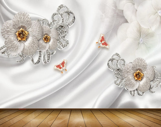 Avikalp MWZ0829 Silver Flowers Butterflies 3D HD Wallpaper