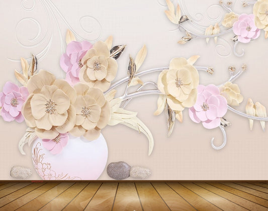 Avikalp MWZ0830 Pink Orange Flowers Leaves 3D HD Wallpaper