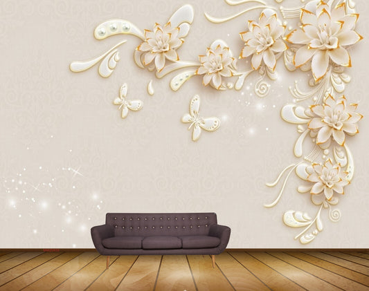 Avikalp MWZ0835 White Golden Flowers Buttterflies HD Wallpaper