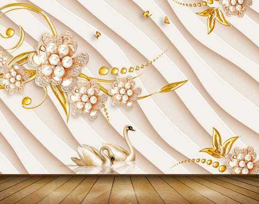 Avikalp MWZ0836 White Yellow Flowers Ducks Butterflies 3D HD Wallpaper