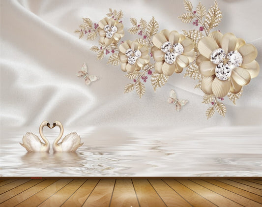 Avikalp MWZ0843 White Golden Flowers Leaves Butterflies Cranes 3D HD Wallpaper