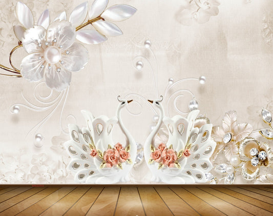 Avikalp MWZ0845 White Flowers Cranes Leaves 3D HD Wallpaper