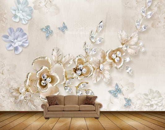 Avikalp MWZ0847 Blue Golden Flowers Leaves Butterflies HD Wallpaper