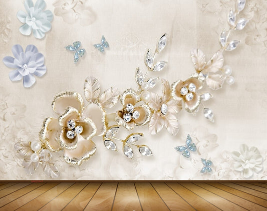 Avikalp MWZ0847 Blue Golden Flowers Leaves Butterflies 3D HD Wallpaper