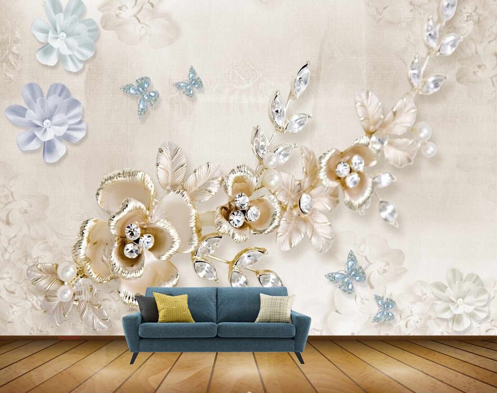 Avikalp MWZ0847 Blue Golden Flowers Leaves Butterflies 3D HD Wallpaper Avikalp MWZ0847 Blue Golden Flowers Leaves Butterflies 3D HD Wallpaper