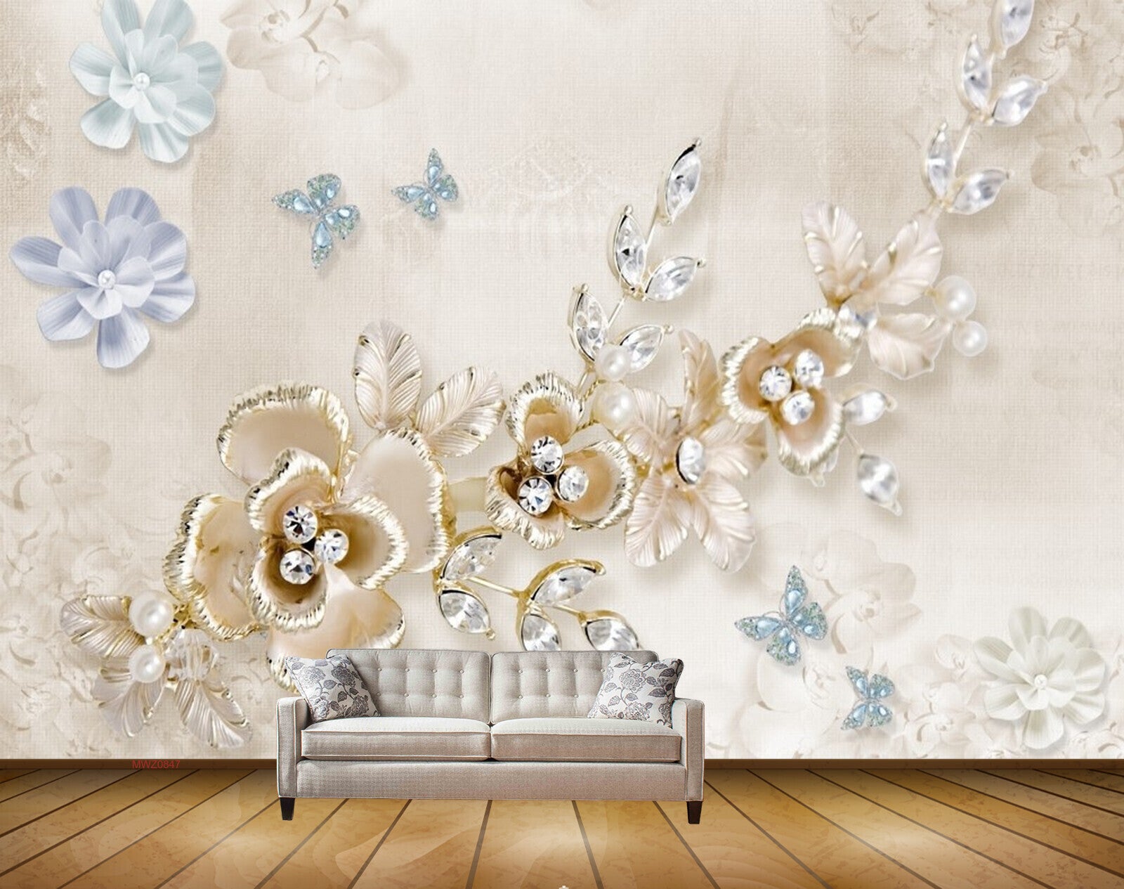 Avikalp MWZ0847 Blue Golden Flowers Leaves Butterflies 3D HD Wallpaper Avikalp MWZ0847 Blue Golden Flowers Leaves Butterflies 3D HD Wallpaper