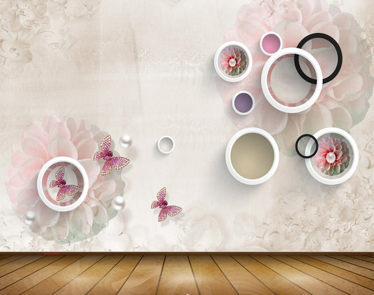 Avikalp MWZ0850 Pink Whiite Flowers Butterflies 3D HD Wallpaper