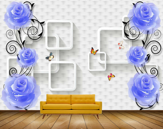 Avikalp MWZ0852 Blue Flowers Butterflies HD Wallpaper