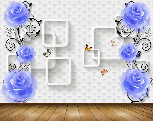 Avikalp MWZ0852 Blue Flowers Butterflies 3D HD Wallpaper